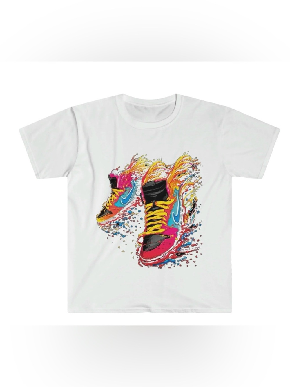 Gildan White Tee with Pink, Blue, Yellow and Black Sneaker Graphic
